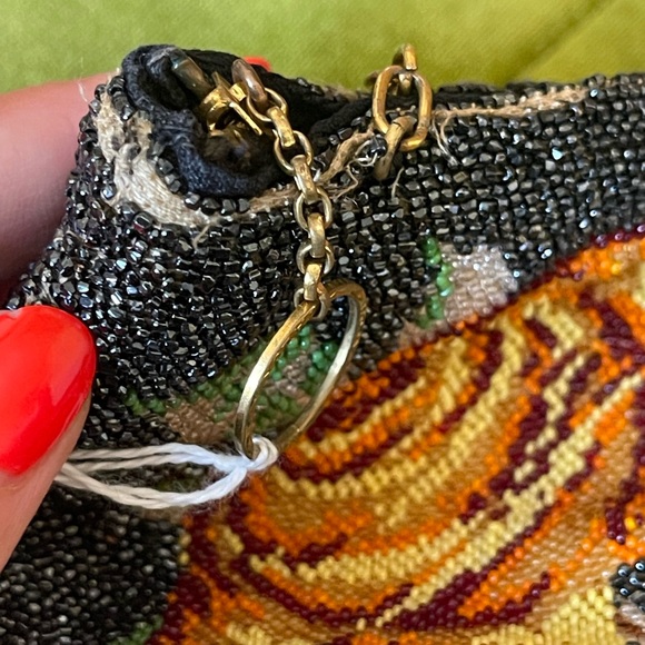 Vintage beaded flower bag. Beaded flower detail on both sides. Green silk lining